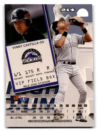 Original gloss Vinny Castilla baseball card 1994 Leaf #214 NM-MT Rockies