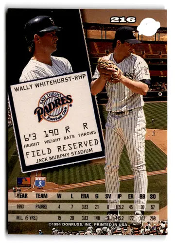 Original gloss Wally Whitehurst baseball card from 1994 Leaf #216 NM-MT Padres