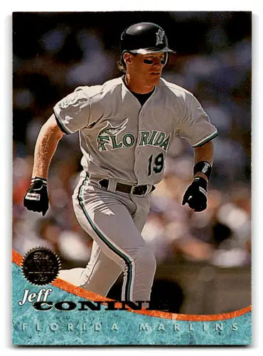 Original gloss 1994 Leaf Jeff Conine baseball card featuring mint Marlins ID 71654