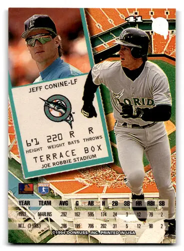 Original gloss 1994 Leaf Jeff Conine baseball card featuring Marlins NM near mint condition