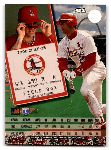 Original gloss Todd Zeile baseball card 1994 Leaf #61 NM-MT Cardinals ID 70482