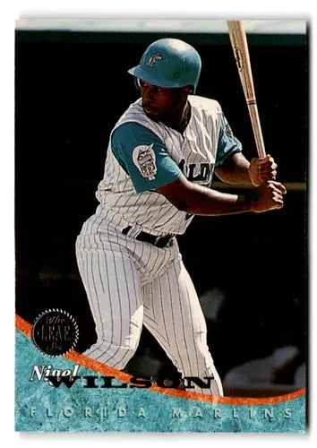 Baseball card of Nigel Wilson with original gloss, NM-MT condition from 1994 Leaf Marlins