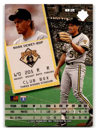 Original gloss 1994 Leaf Mark Dewey baseball card showcasing excellent Pirates ID 71797