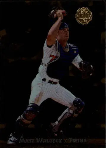 Baseball catcher in uniform from 1994 Leaf Gold Rookies Matt Walbeck Twins card