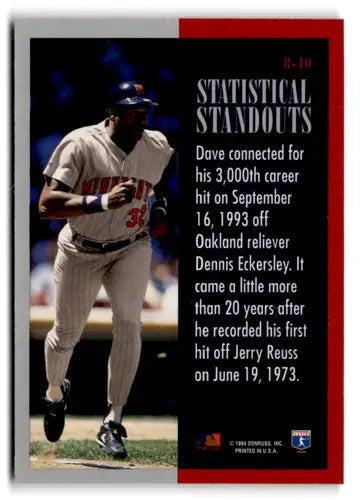 1994 Leaf Statistical Standouts #8 Dave Winfield NM Near Mint Twins ID:73287 - Baseball Card Single