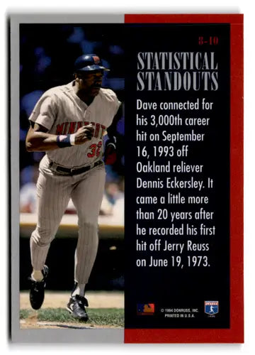 Baseball card from 1994 Leaf Statistical Standouts series featuring Dave Winfield near mint condition