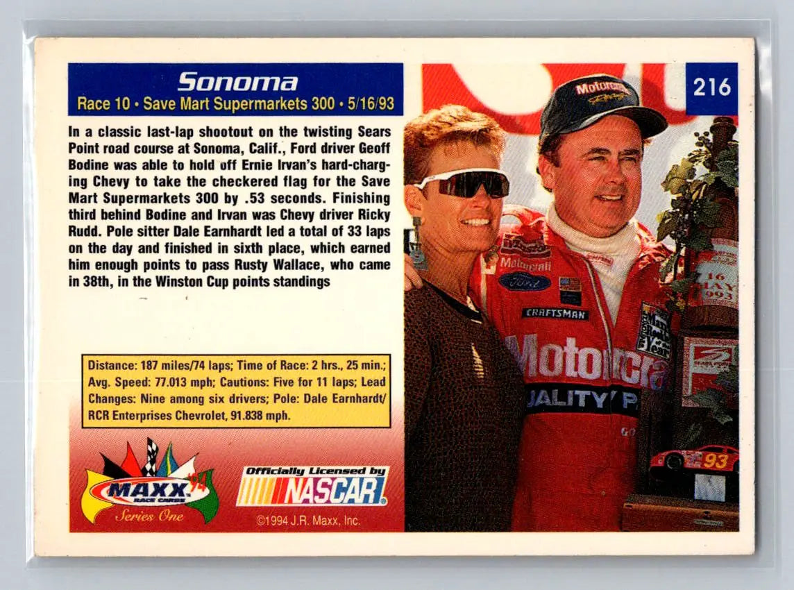 1994 Maxx #216 Sonoma Geoff Bodine Racing - Racing Card Single