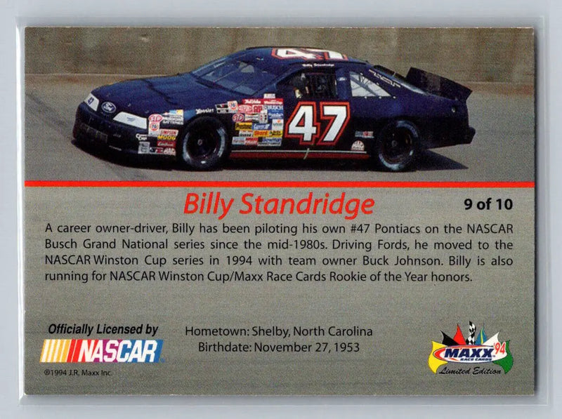 1994 Maxx #9 Billy Standridge Rookie Class of ’94 Standridge Motorsports - Racing Card Single