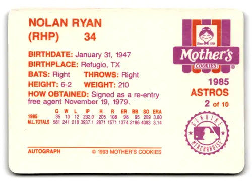 Nolan Ryan baseball card with original gloss from 1994 Mother’s Cookies Nolan Ryan Farewell collection