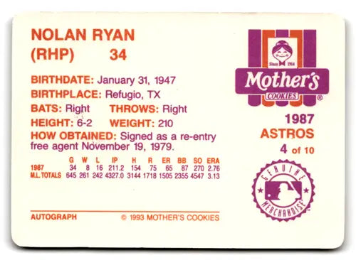 Nolan Ryan farewell baseball card from 1994 Mother’s Cookies collection