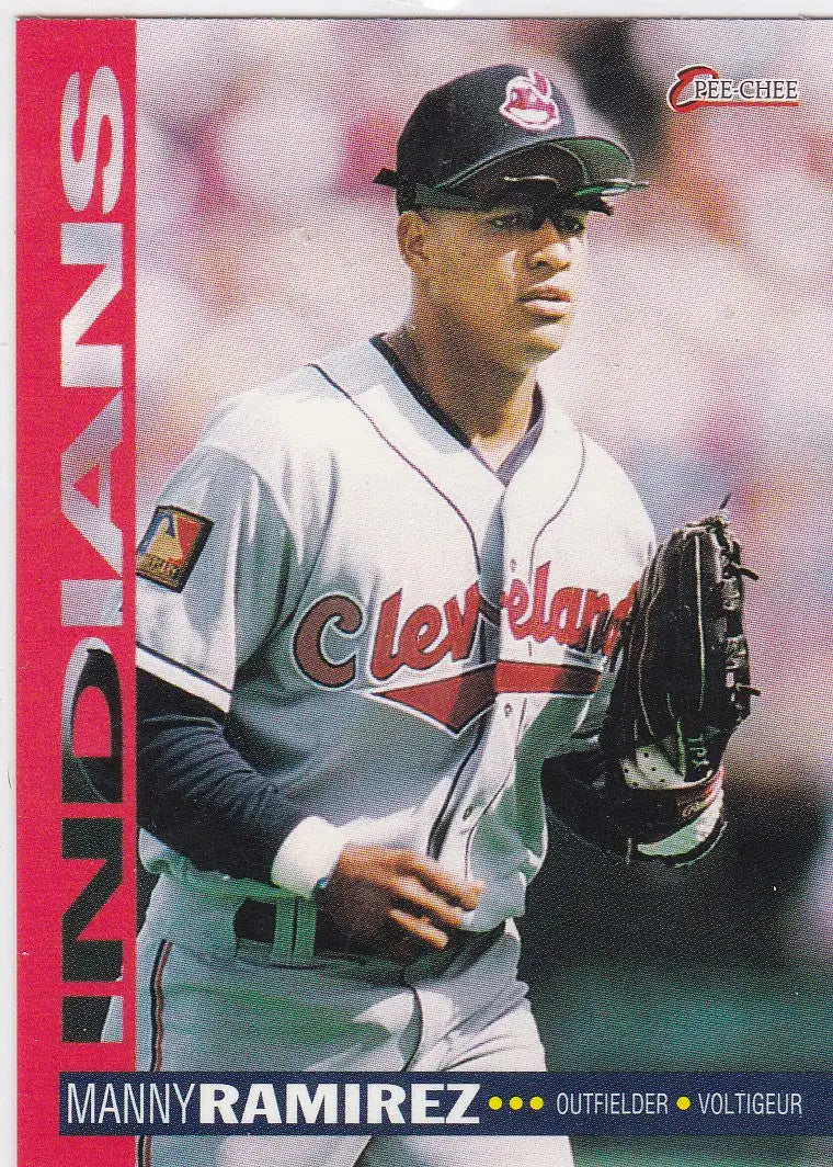 Baseball card of Manny Ramirez Cleveland Guardians in gray road uniform from 1994 O-Pee-Chee