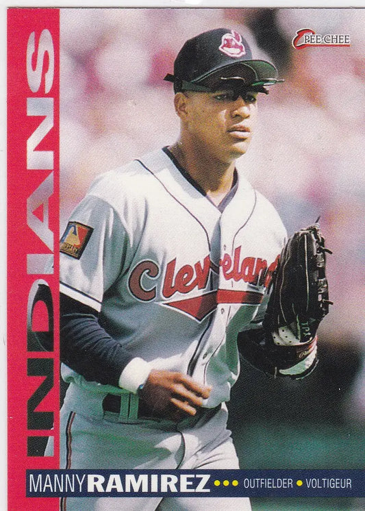Baseball card of Manny Ramirez Cleveland Guardians in gray road uniform from 1994 O-Pee-Chee