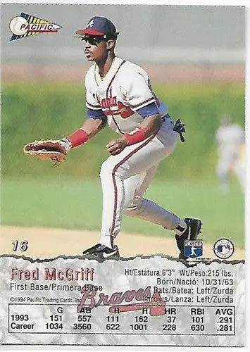 Original gloss 1994 Pacific Fred McGriff baseball card featuring Fred McGriff and Simply Sandoval