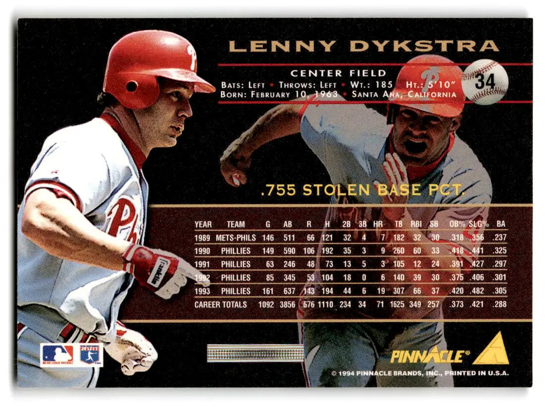 1994 Pinnacle #34 Lenny Dykstra - Baseball Card Single