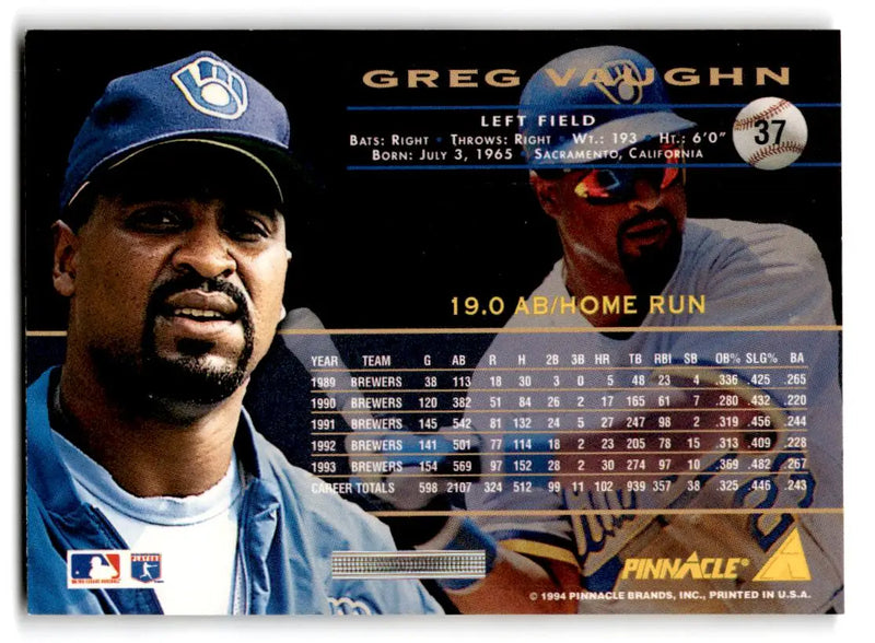 1994 Pinnacle #37 Greg Vaughn - Baseball Card Single