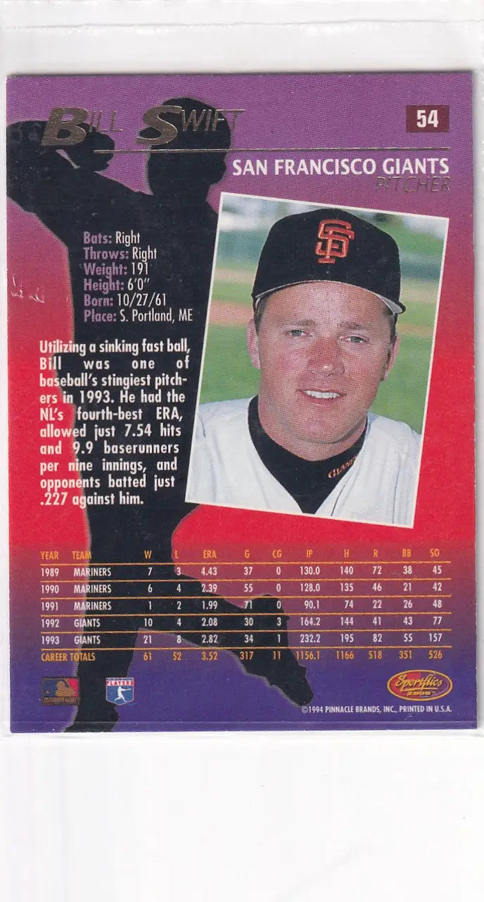 1994 PINNACLE #54 BILL SWIFT SPORTFLICS HOLOGRAM- SAN FRANCISCO GIANTS