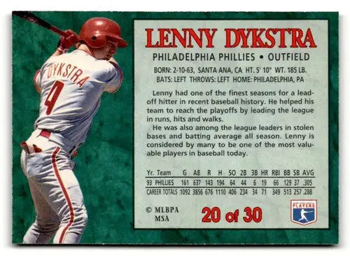 1994 Post Cereal #20 Lenny Dykstra NM ID:48717 - Baseball Card Single
