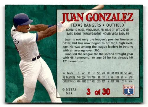 1994 Post Cereal #3 Juan Gonzalez NM ID:48670 - Baseball Card Single