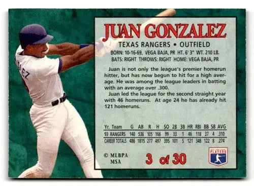 1994 Post Cereal #3 Juan Gonzalez NM ID:48730 - Baseball Card Single