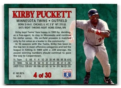 1994 Post Cereal #4 Kirby Puckett NM ID:48671 - Baseball Card Single