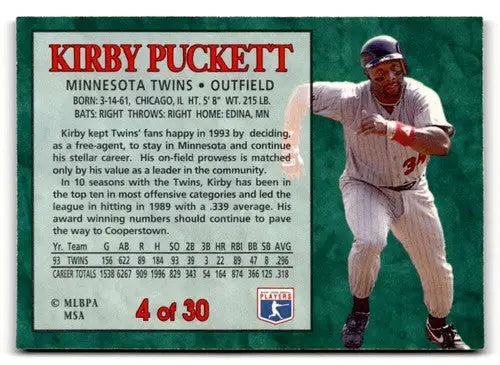 1994 Post Cereal #4 Kirby Puckett NM ID:48731 - Baseball Card Single