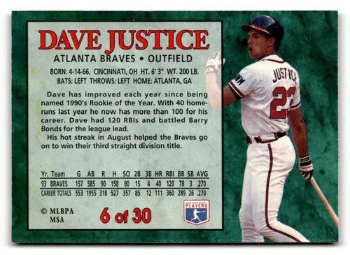 1994 Post Cereal #6 David Justice NM ID:48673 - Baseball Card Single