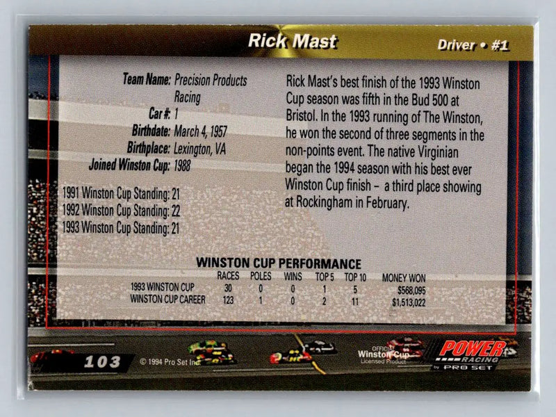 1994 Power #103 Rick Mast Precision Products Racing - Racing Card Single