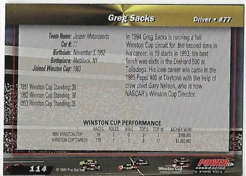 Original gloss Greg Sacks racing card from 1994 Power #114 Simply Sandoval