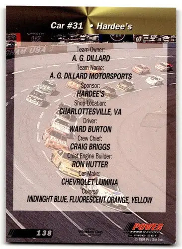 Original gloss NASCAR trading card of Ward Burton’s car from 1994 Power series