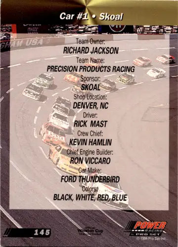 Original gloss racing card showcasing Rick Mast’s car specifications 1994 Power #145