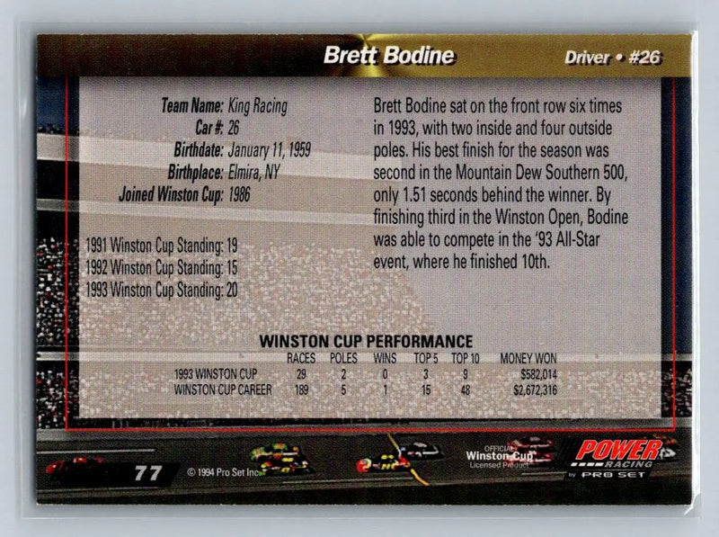 1994 Power #77 Brett Bodine King Racing - Racing Card Single