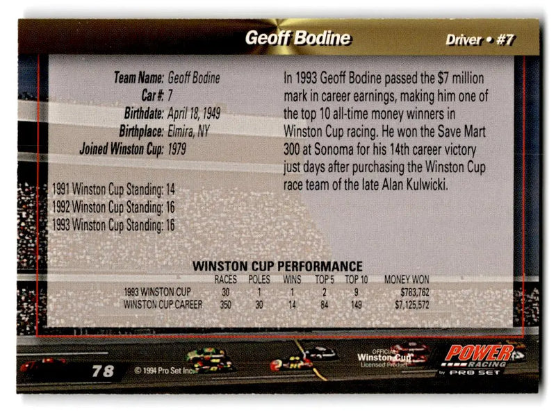 1994 Power #78 Geoff Bodine - Racing Card Single