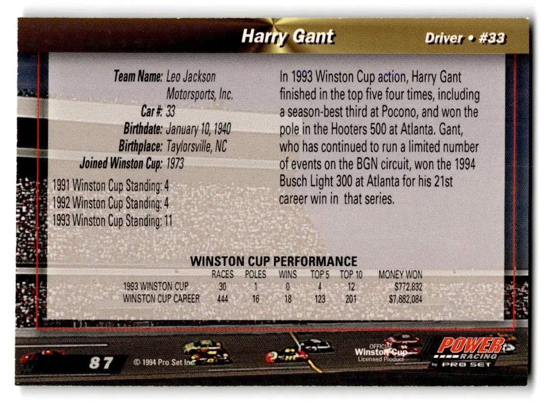 1994 Power #87 Harry Gant - Racing Card Single