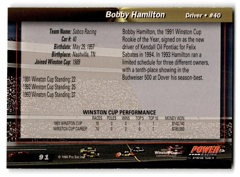 1994 Power #91 Bobby Hamilton Gold Cup ’94 - Racing Card Single