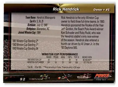 Rick Hendrick trading card from 1994 Power #92 collectible baseball cards