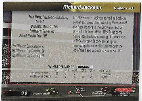 Original gloss 1994 Power Richard Jackson racing card displayed by Simply Sandoval