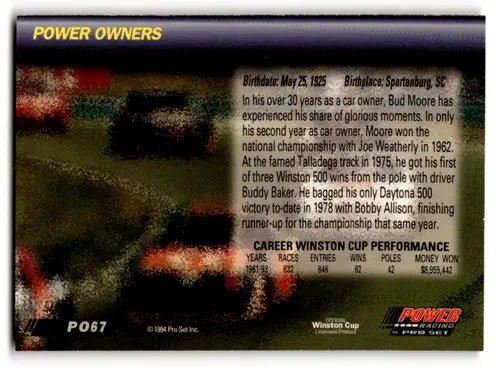 Original gloss racing card back from Power Gold Cup featuring Walter Bud Moore 1994