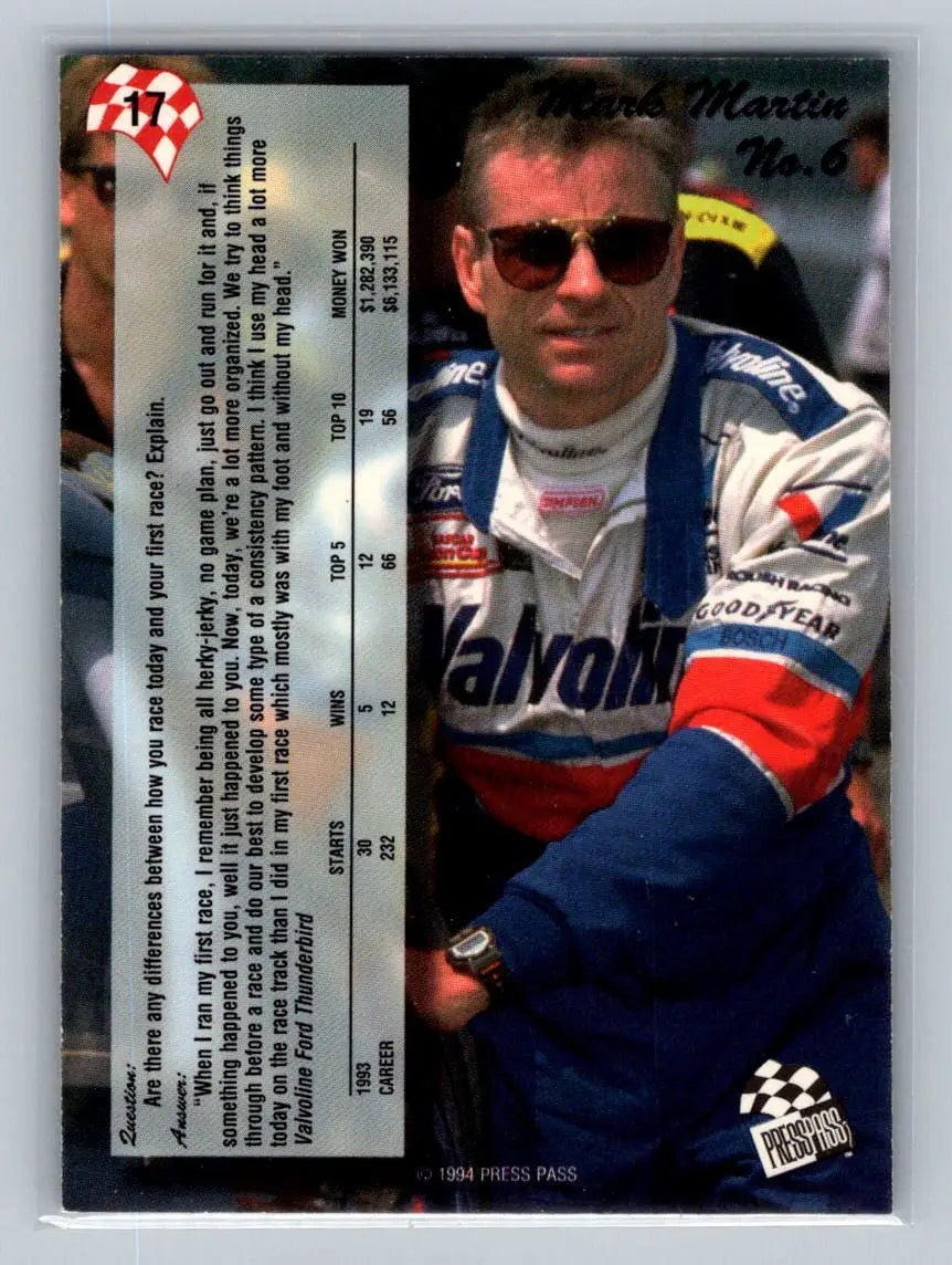 1994 Press Pass #17 Mark Martin Roush Racing - Racing Card Single