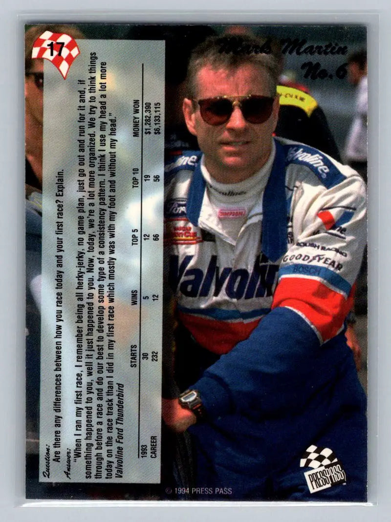 1994 Press Pass #17 Mark Martin Roush Racing - Racing Card Single