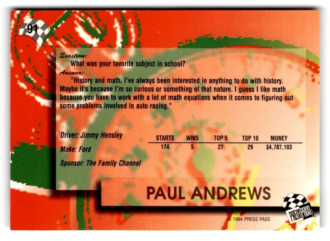 1994 Press Pass #91 Paul Andrews - Racing Card Single