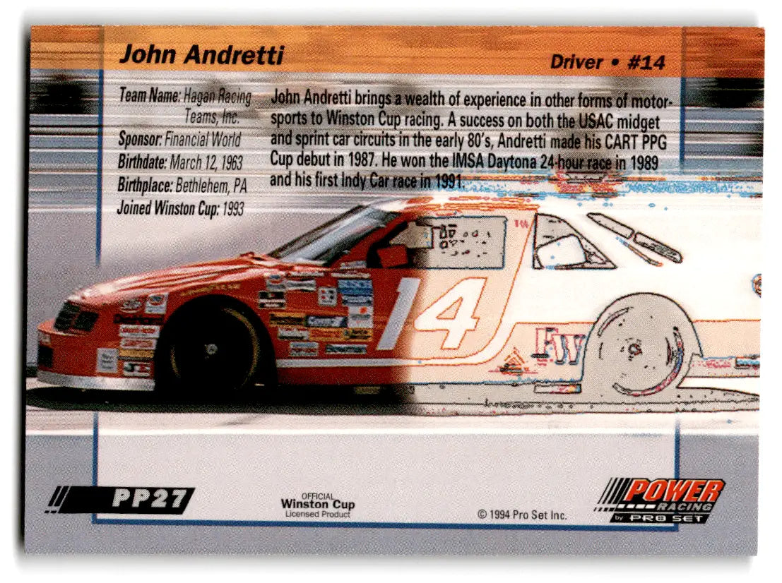 1994 Pro Set Power Racing John Andretti #PP27 Hagan Racing Teams Inc. - Racing Card Single