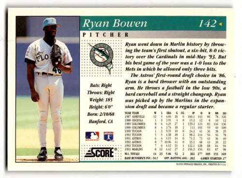 Ryan Bowen baseball card with original gloss, 1994 Score NM-MT Marlins ID 59176