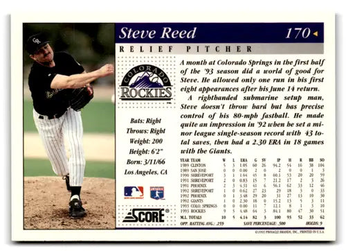 1994 Score #170 Steve Reed NM-MT Rockies ID:72892 - Baseball Card Single