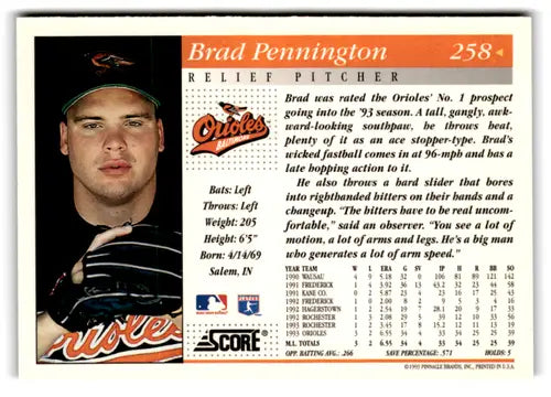 Original gloss Brad Pennington baseball card 1994 Score NM-MT Orioles ID 72797