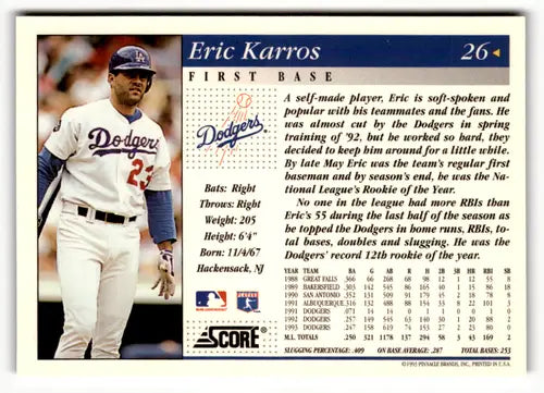 1994 Score #26 Eric Karros Los Angeles Dodgers Baseball Cards - Baseball Card Single