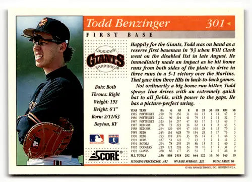 1994 Score #301 Todd Benzinger San Francisco Giants Baseball Cards - Baseball Card Single