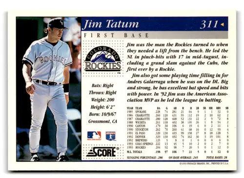 1994 Score #311 Jim Tatum NM-MT Rockies ID:73106 - Baseball Card Single