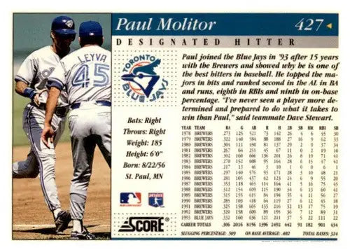1994 Score #427 Paul Molitor Toronto Blue Jays Baseball Cards EX/NM ID:62994 - Baseball Card Single