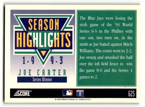 1994 Score #625 Joe Carter Toronto Blue Jays Baseball Cards EX/NM ID:59550 - Baseball Card Single