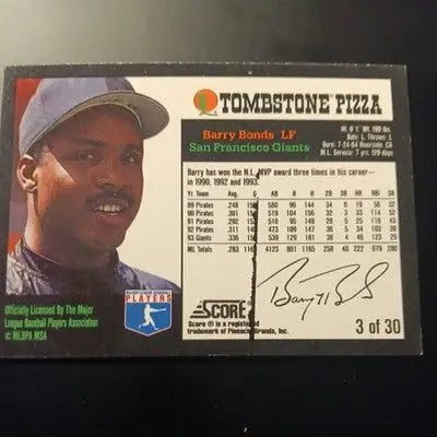 1994 Score Tombstone Pizza - Barry Bonds #3. SF Giants. EX+ - NRMT - Baseball Card Single
